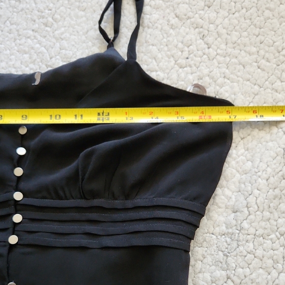 Black Slip Dress Camisole Straps High Low Hem silver tone buttons Pleated Waist - Picture 15 of 16
